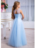 V Neck Blue Ruched Tulle Keyhole Back Long Flower Girl Dress